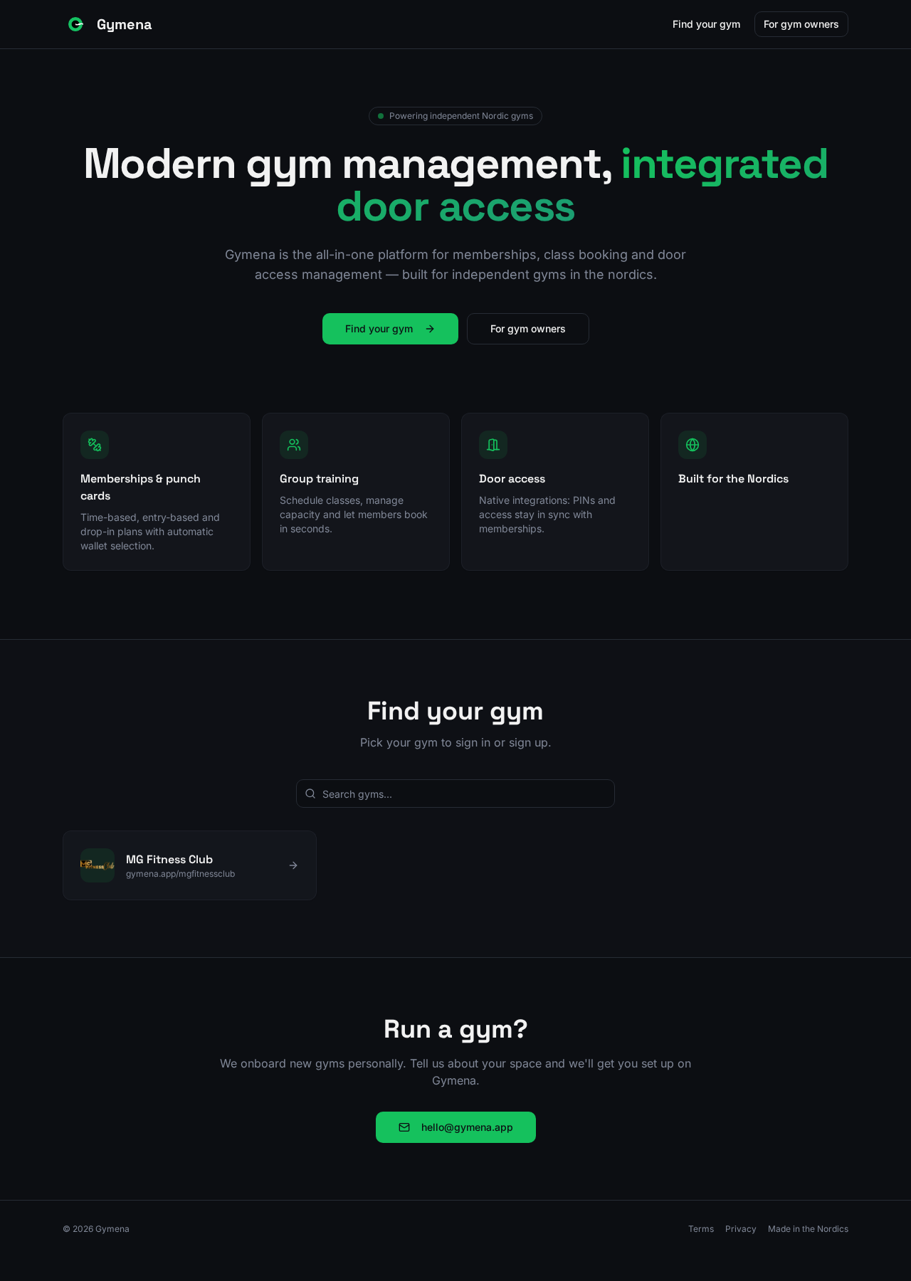 Gymena website showing its gym management platform